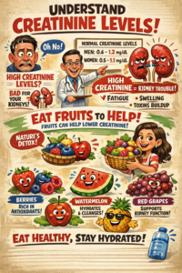 “Illustrated infographic showing normal creatinine levels for men and women, symptoms of high creatinine like fatigue and swelling, and kidney-friendly fruits including berries, watermelon, apples, pineapple, and grapes in a fun caricature style.”