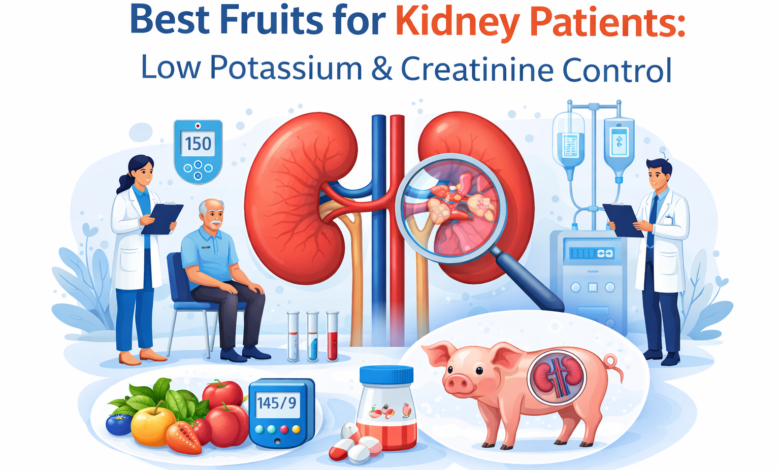 Best fruits for kidney patients showing low potassium fruits and kidney health illustration for managing creatinine levels