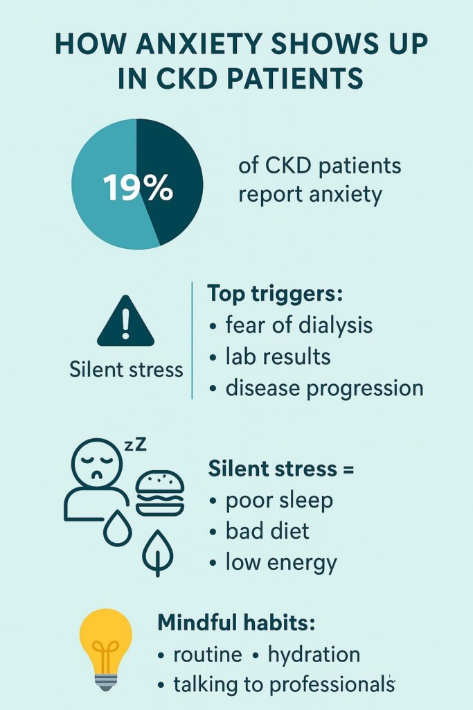 Infographic illustrating common symptoms and triggers of anxiety in chronic kidney disease patients, including fear of test results, disease progression, and lifestyle-related stress
